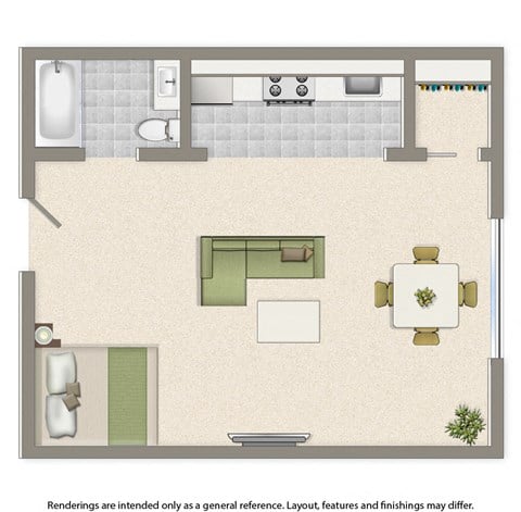 Floor plan for studio, 1 bath, 625 sqft